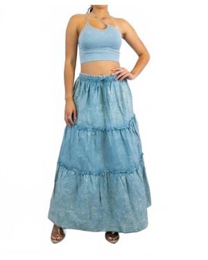 SurelyMine Woven Vintage Washed Maxi Skirt With Ribbed Double Strap Set - Blue