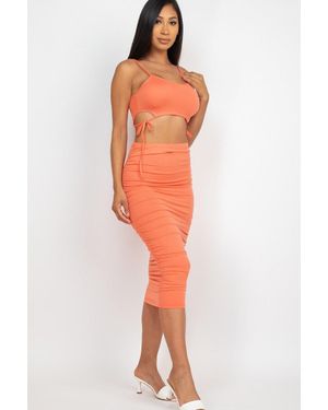 TRUEDAMES Cut-Out Tie Side Crop Top & Ruched Midi Skirt Set - Orange