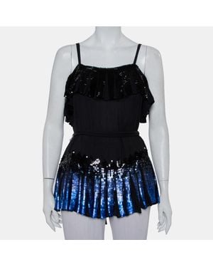 Anna Sui Sequin Embellished Silk Pleated Detail Belted Top - Black