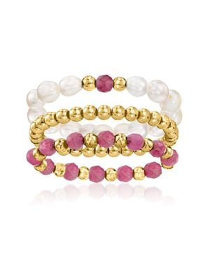 Ross-Simons 3-4Mm Cultured Pearl And 3-3.5Mm Tourmaline Bead Jewelry Set: 3 Stretch Rings With 10Kt. Large (9-10) - Pink