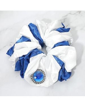 Fashnzfab Rhinestone Accent Satin Two Tone Hair Scrunchie - Blue