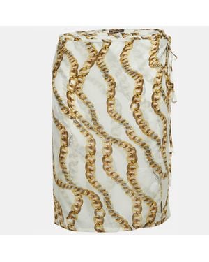 Roberto Cavalli Cream Chain Print Silk Wrap Mini Skirt - Metallic