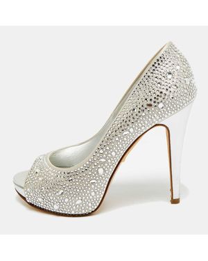 Gina Size 37.5 Satin Crystal Embellished Platform Peep Toe Pumps - White