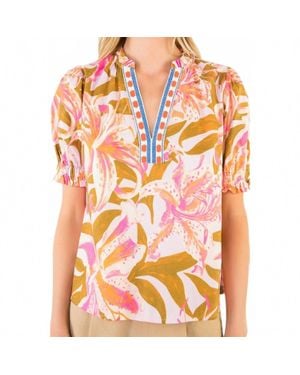 Thml Ruffled Sleeve Floral V-Neck Top - Orange