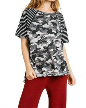 Umgee Camo And Striped Top - Black