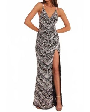 Primavera Crisscross Back Geometric Beaded Evening Dress - Black