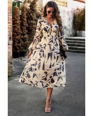 TRUEDAMES Boho V Neck A Line High Waist Long Sleeve Dress - Black