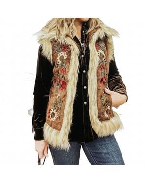 Tasha Polizzi Chateau Embroidered Faux Suede And Fur Vest - Brown