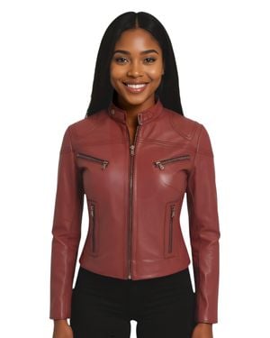 Infinity Leather Casual Slim-Fit Leather Biker Jacket-Tulsa - Red