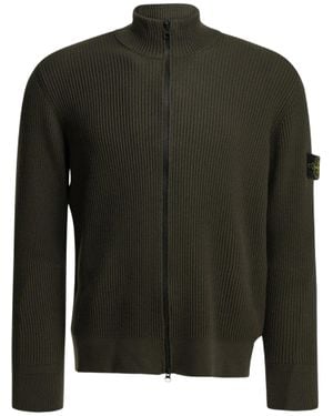 Stone Island High-Collar Zip-Up Ribbed Knit Cardigan - Black