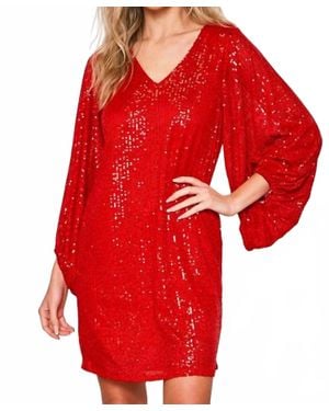 Vine & Love Holiday Sequin V-Neck Balloon Sleeves Mini Dress - Red