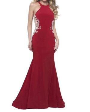 Blush Prom Beaded Jersey Gown With Illusion Cutouts - Red