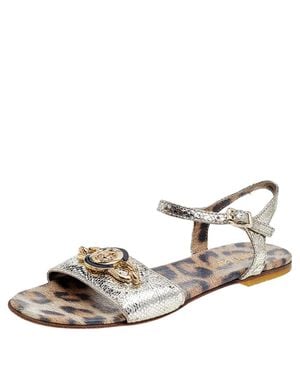 Roberto Cavalli Metallic Leather Flat Sandals - Natural