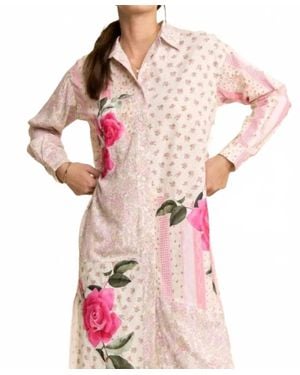 Davi & Dani Printed Flower Patched Maxi Duster Shirt Top - Pink