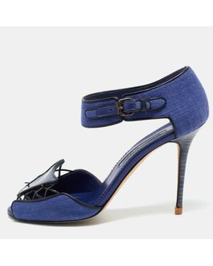 Manolo Blahnik Fabric And Patent Leather Ankle Strap Sandals - Blue