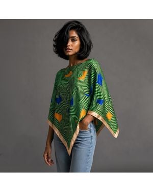 TRUEDAMES Geometric Maze Print Scarf Poncho - Green