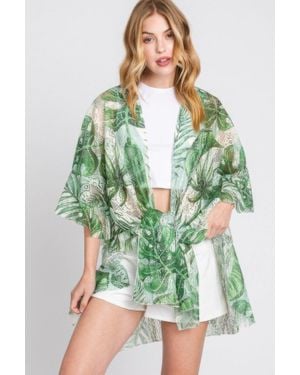 TRUEDAMES Ruffle Lined Tropical Leaves Print Open Frontcover - Green