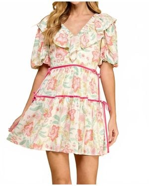 TCEC V-Neck Puff Sleeve Floral Dress - White