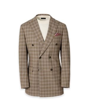 Paul Fredrick Plaid Wool Blend Double Breasted Peak Lapel Suit Jacket - Natural