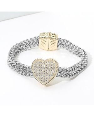 Fashnzfab 14K Plated Two Tone Cz Pave Heart Centerpiece Mesh Chain Magnetic Bracelet - Metallic