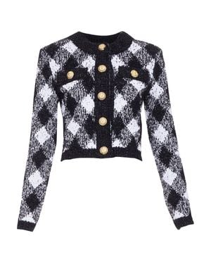 Balmain Houndstooth Check Knit Crop Cardigan - Blue