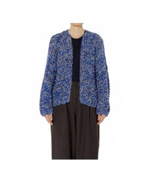 Maiami Alpaca Tweed Mix Pearl Pattern Bomber Cardigan - Blue