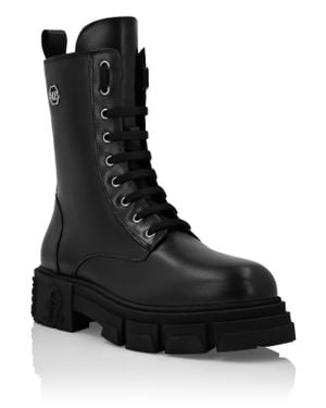 Philipp Plein Calf Skin Leather Boots Mid Flat Hexagon - Black