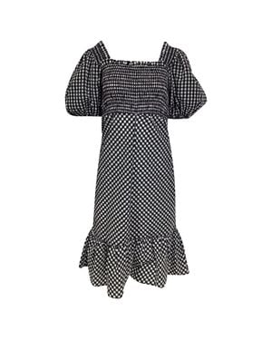Ganni Gingham Puffed Sleeve Midi Dress - Black