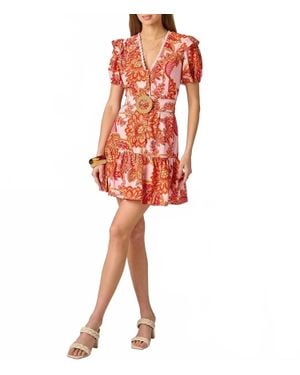 Adrianna Papell Printed Short Ruffle Dress With Lace Trim - Red