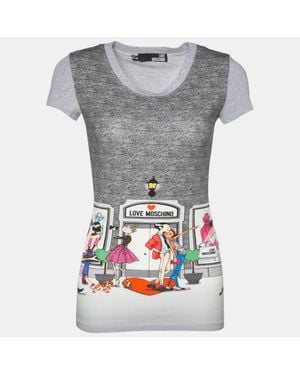 Love Moschino Printed Cotton Knit Round Neck T-Shirt - Gray