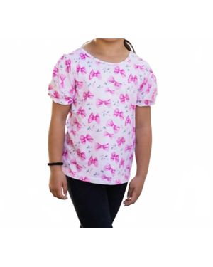 Tickled Teal Girl's Poof Sleeve Bows Blouse - Purple