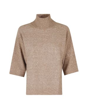Seventy Bronze Sequined Side Slits Polyester-Blend Turtleneck - Natural
