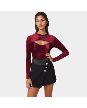 Bebe Shadow Stripe Velour Cutout Knit Bodysuit - Red