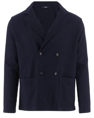 BOSS Structured Stretch Wool-Blend Jacket With Double-Breasted Closure - Blue