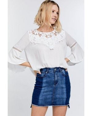 TRUEDAMES Cute Floral Mesh Lace Accent Yoke Crochet Detailed Tie-Back Bell Sleeve Blouse Top - White