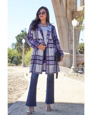 TRUEDAMES Double Take Full Size Plaid Button Up Lapel Collar Coat - Blue