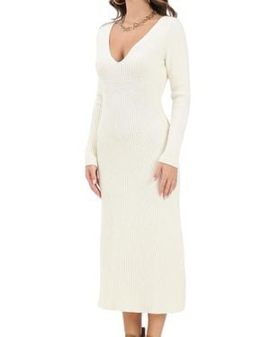 Akep Ribbed Knit Dress With Deep V-Neckline And Flared Hem - White