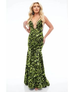 Jasz Couture Sheer Side Beaded Gown - Green