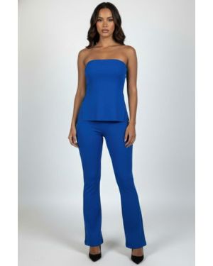 TRUEDAMES Ribbed Slit Tube Top & High-Waist Flare Pants Set - Blue