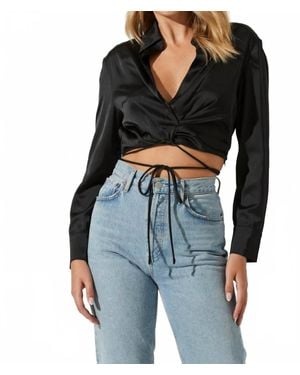 Astr Perry Satin Wrap Front Tie Waist Top - Black