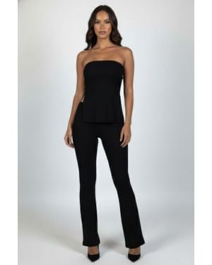 TRUEDAMES Ribbed Slit Tube Top & High-Waist Flare Pants Set - Blue