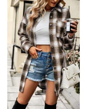 Fashnzfab Plaid Single Pocket Button Down Loose Outerwear - Black