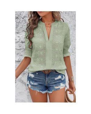 TRUEDAMES Solid Hollow Out Ruffle Hem V Neck Loose Blouse - Green