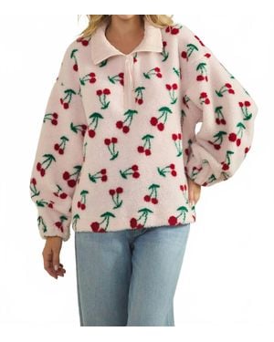 Veveret Cherry Printed Quarter Zip Sweater - Natural
