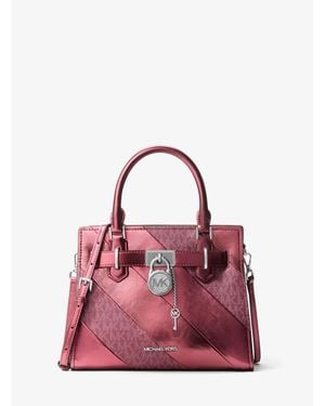 Michael Kors Outlet Landon Small Metallic And Signature Logo Satchel - Pink