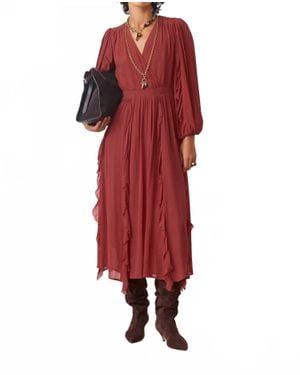 Suncoo V-Neck Midi Dress - Red