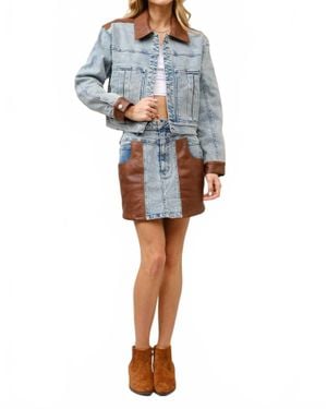 Blue B Faux Leather Color Block Denim Jacket - Blue