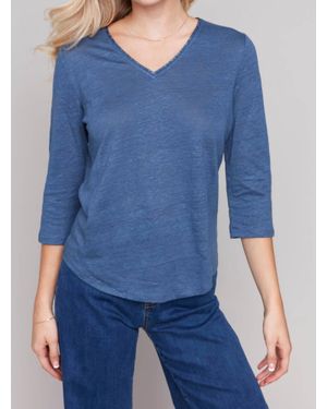 Charlie b Quarter Sleeve Linen Blend Top With Neck Trim - Blue
