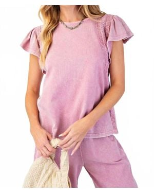 Easel Washed Wing Sleeve Crochet Trim Top - Purple