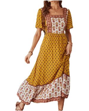 Supreme Fashion Square Neck Short Sleeve Floral Maxi Dress - Orange